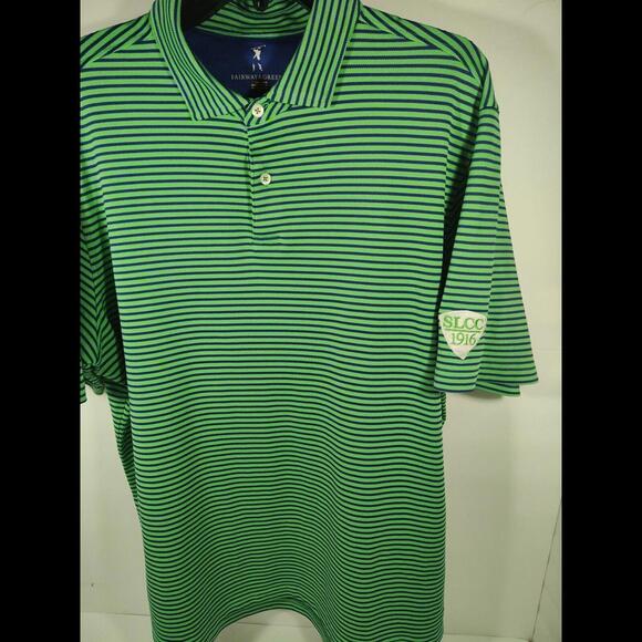 Fairway & Greene Golf Polo Shirt Men's Large Green Blue Stripe SLCC 1916 Patch - Picture 3 of 6